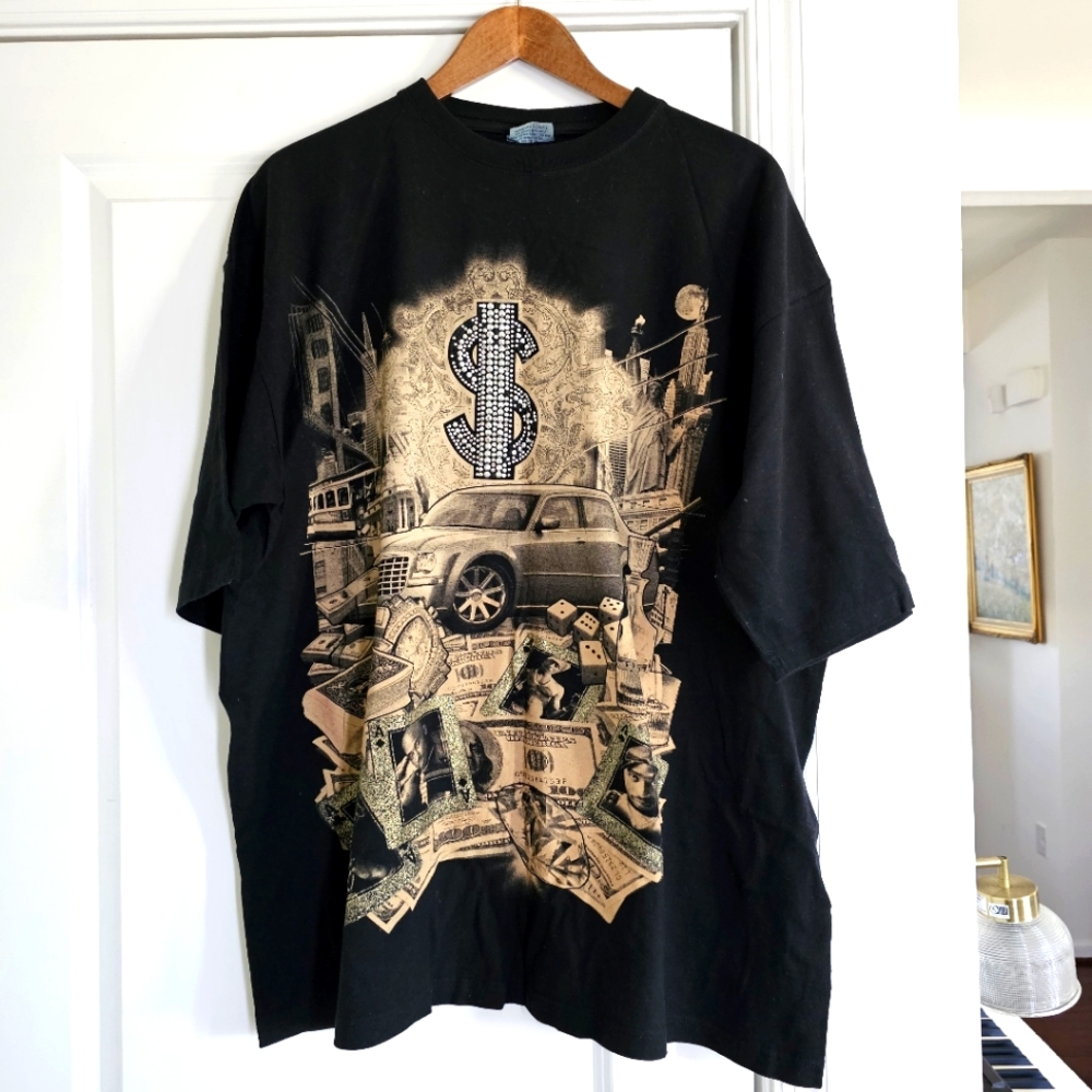 Vintage Y2K Russ Wear Bling Dollar Sign Money Graphic Tee Mens 3XL Hip Hop